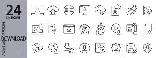 Download line icons set with Upload, Internet, Mobile, Cloud, File, Click, Computer and more. Editable Stroke