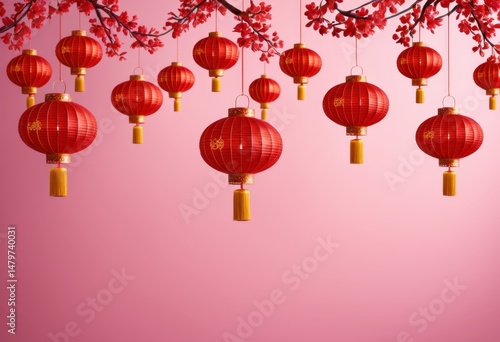 Many red lanterns hang from the branches