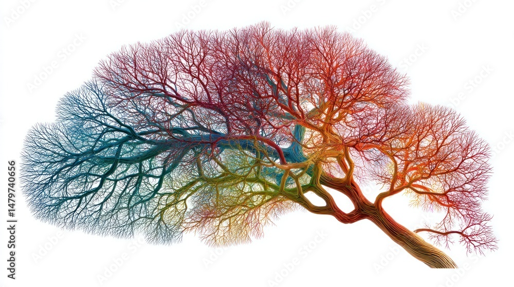 Fototapeta premium Abstract Colorful Tree: A vibrant digital artwork showcasing a tree's intricate branches, radiating in a spectrum of colors against a stark white background.