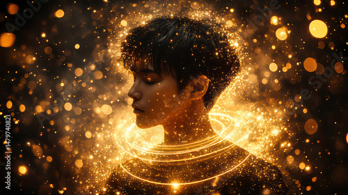 Divine Masculine with Silhouette in Cosmic Amber Light