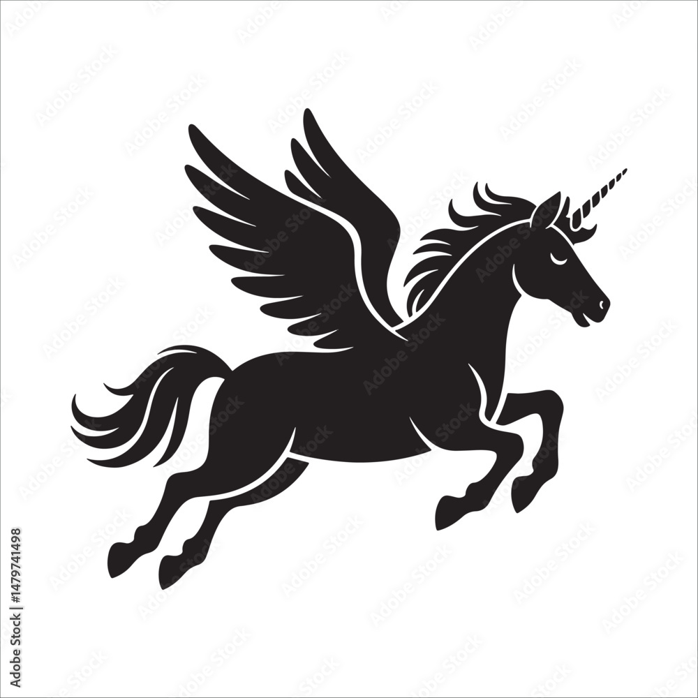 Flying unicorn silhouette with wings and horn, fantasy magical creature, mythical animal icon. Flying unicorn silhouette with wings and horn, fantasy magical creature, mythical animal icon.