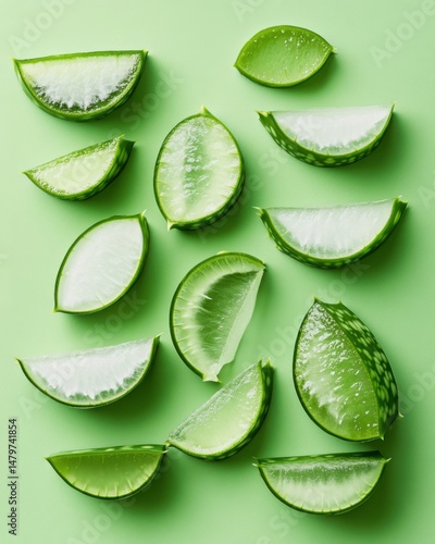 Wallpaper Mural Fresh aloe vera slices arranged on a light green surface in a flat lay composition for wellness and beauty concepts Torontodigital.ca