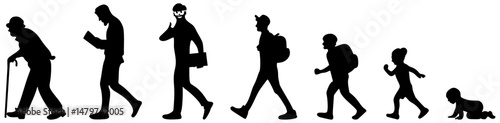 Silhouette of growing up man from baby to old age. Many people of different ages in a row. Vector illustration