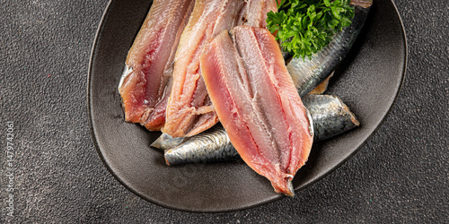 Schilderij op canvas Sardine raw fish fillet seafood anchovy filet fresh delicious gourmet food backg