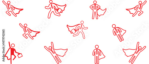 Superhero business pictogram man icon set. Superhero businessman flying stick figure. employer pictogram person. Vector illustration