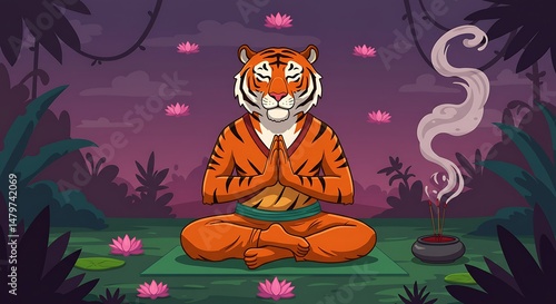 A meditating tiger sits calmly with hands together in a namaste pose, surrounded by glowing lotus flowers and incense smoke, in a mystical jungle during twilight.

