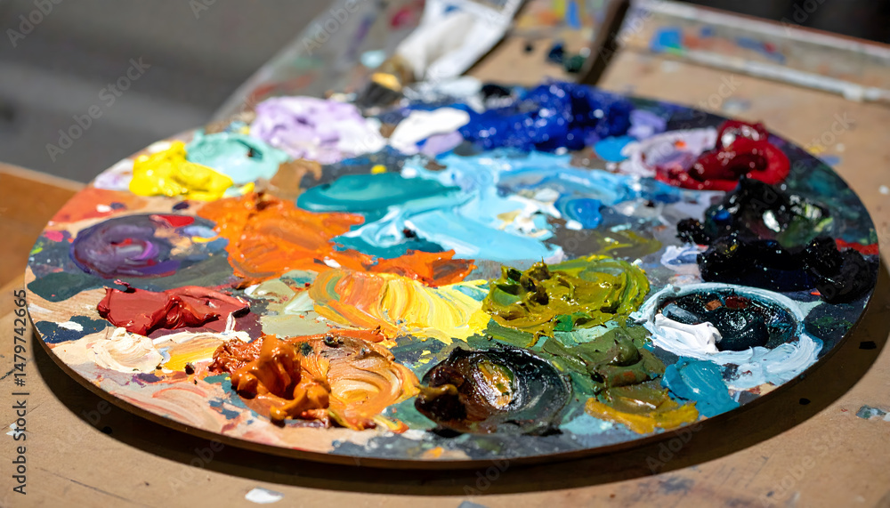 a large circular palette filled with various colors of paint a large circular palette filled with various colors of paint