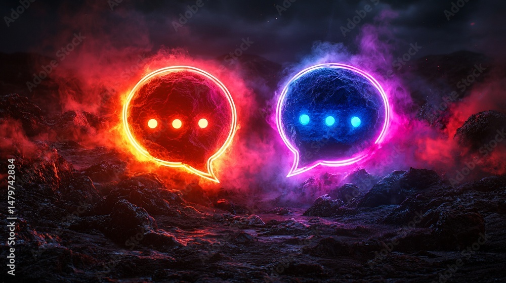 Fototapeta premium Two glowing chat bubbles, red and blue, on a dark, mountainous landscape