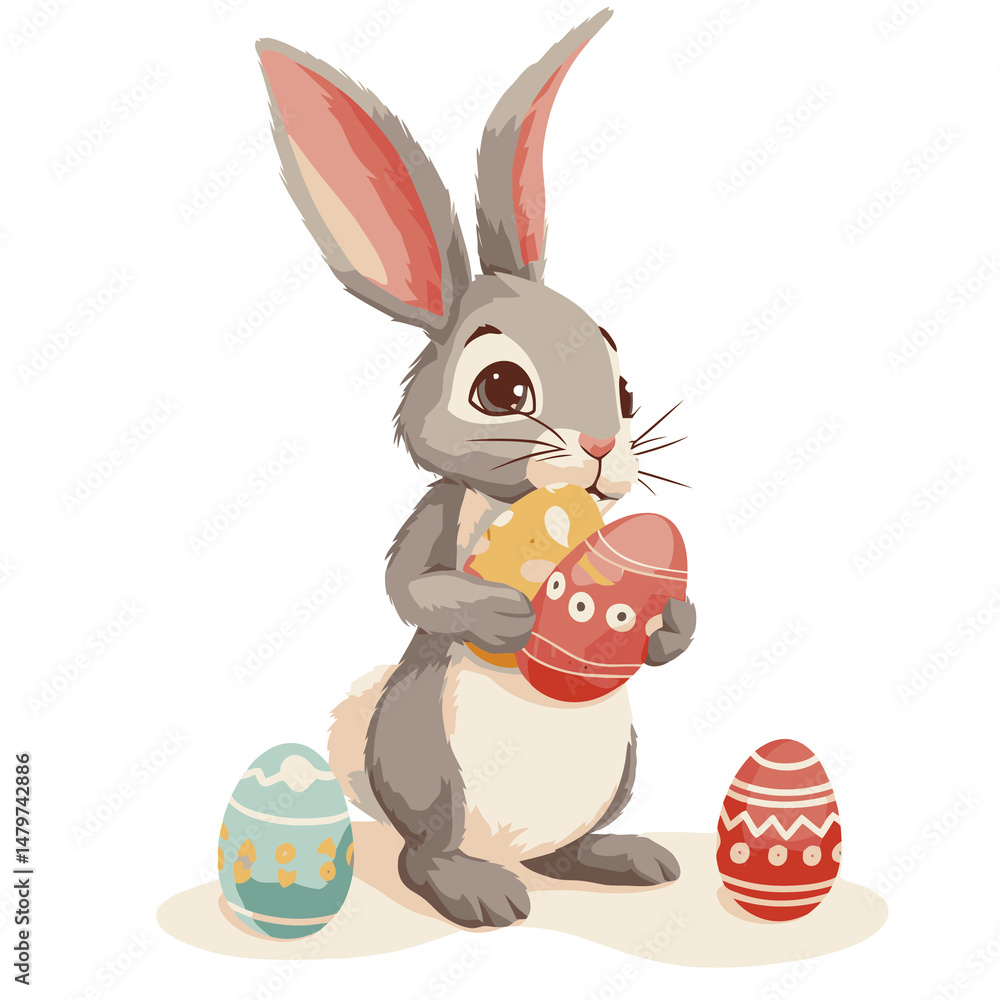 Obraz premium Vector cute rabbit holding easter eggs