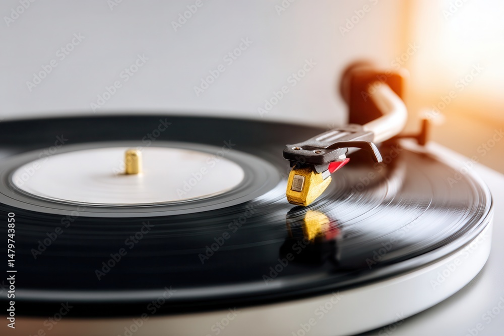 Fototapeta premium Vintage vinyl record player with sunlight reflections