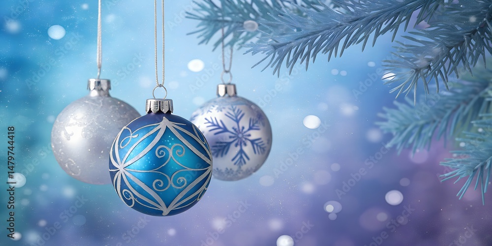 A festive holiday background featuring elegant, reflective blue and silver Christmas ornaments hanging against a dreamy, blurred bokeh backdrop A festive holiday background featuring elegant, reflective blue and silver Christmas ornaments hanging against a dreamy, blurred bokeh backdrop