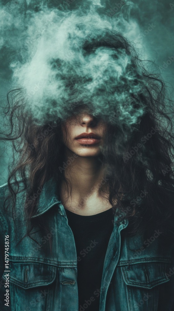 Obraz premium Moody portrait of a woman obscured by smoke artistic close up studio shot mystery and intrigue denim jacket dark hair