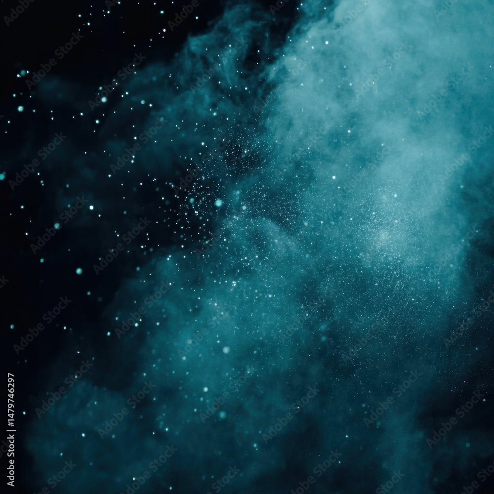 Obraz premium Abstract teal dust explosion against black background studio shot of powder cloud with bokeh effect for artistic design
