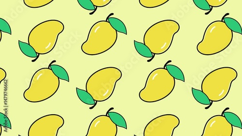 Seamless mango pattern and juicy tropical fruit animation on blue screen for summer design packaging, textile, branding, and motion use