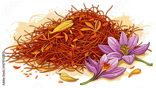  portrait Dried saffron threads, known as the world’s most precious spice, are scattered gracefully beside the blossoms. Their deep crimson hue and fine texture offer a sense of richness and cultural 