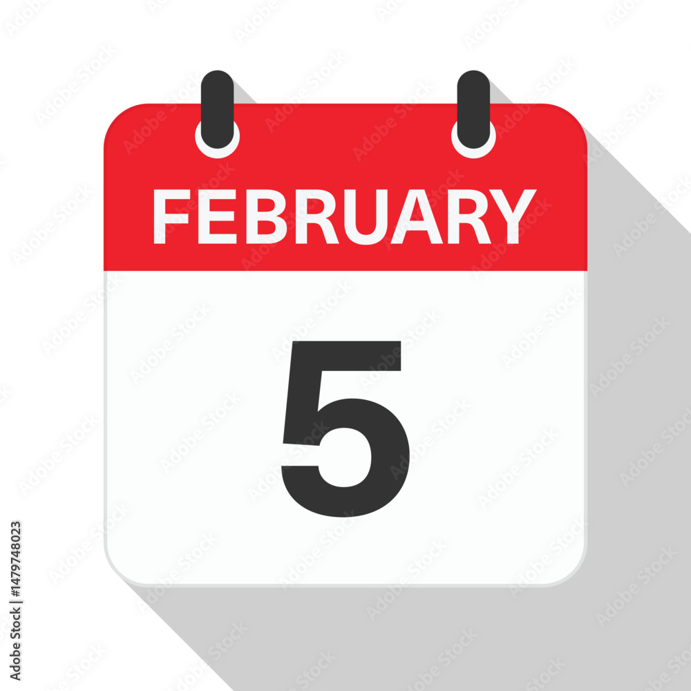 February 5 Daily Calendar. Red Theme on White Background February 5 Daily Calendar. Red Theme on White Background