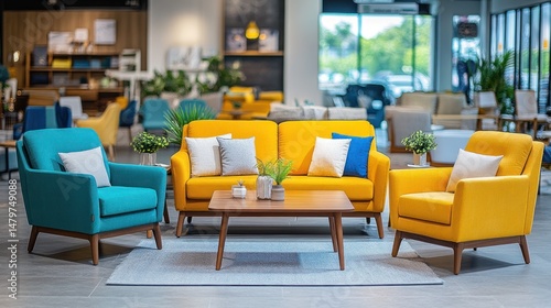 Vibrant yellow and teal upholstered furniture set displayed in a modern furniture showroom.  A coffee table and various accent pillows complete the arrangement.  Natural light streams into the space