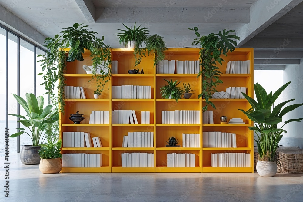 Fototapeta premium Bright Bookcase with Indoor Plants Against a Stark Backdrop in a Contemporary Chic Open Space