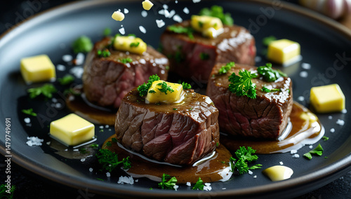 Restaurant style steak bites with melted butter, cracked pepper, and herbs. Dramatic dark food styling highlights succulence for meat lovers and culinary content