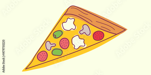 Doodle Pizza slice design. Colorful Hand drawn vector illustration for cards, business, banners, textile, wallpaper, wrapping in orange, yellow, green, beige and red colours. Isolated on background	