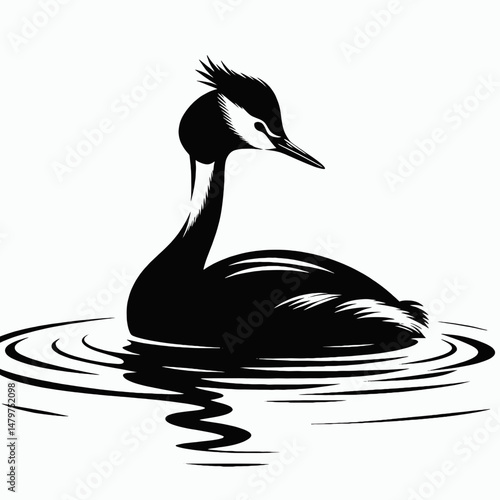 vector silhouette of a grebe floating on water with sleek neck, minimal waves, white background 
