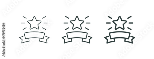 Premium star, high rank, excellence award, outline icons. Line signs sparkling five-pointed star with rays and ribbon. Vector isolated pictograms for web and app on white background editable stroke.