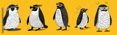 illustration set of cool summer penguins wearing sunglasses