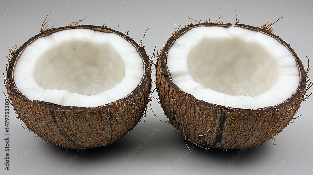 Two halves of a coconut. Freshly opened, revealing the white, fleshy interior Two halves of a coconut. Freshly opened, revealing the white, fleshy interior