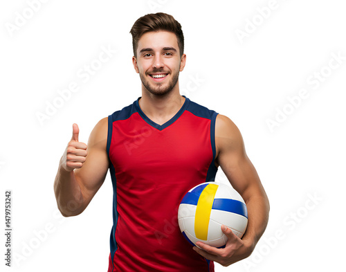 A smiling athlete in a red jersey holds a volleyball and gives a thumbs up.