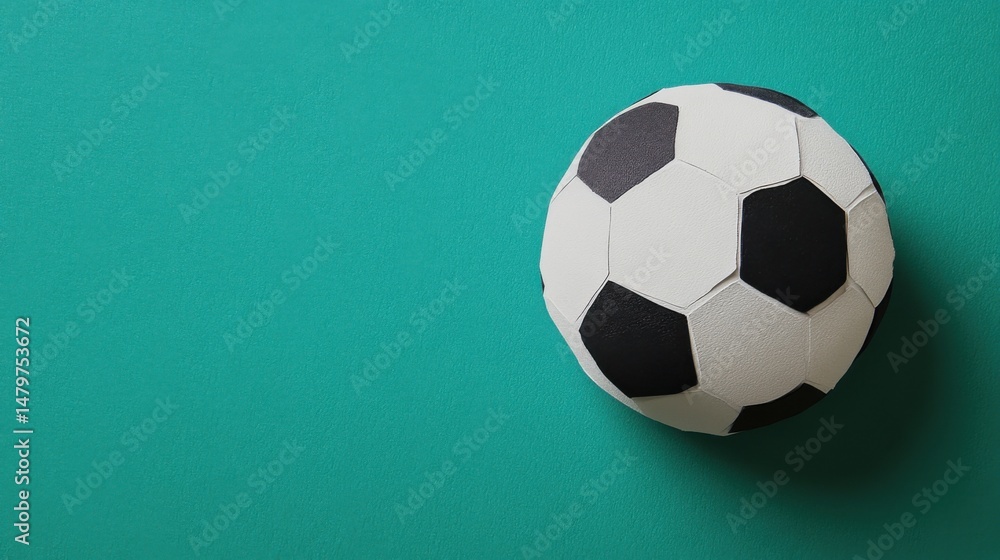 Naklejka premium Soccer Ball Still Life on Teal Background Overhead View Minimalist Style Copy Space for Text or Graphic Design