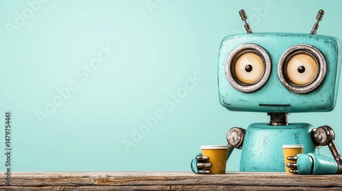 Retro Teal Robot with Coffee Cups on Wooden Table