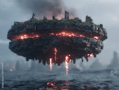 a 3d rendering of a floating island made of dark rock with fiery red lava flowing across its surface and cascading down into the darkness below