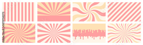 Groovy comic ice cream background in retro style, postcard with hand drawn drops of chocolate, glaze, topping, vanilla, strawberry, rays radiating from the center. Flat abstract texture. EPS10