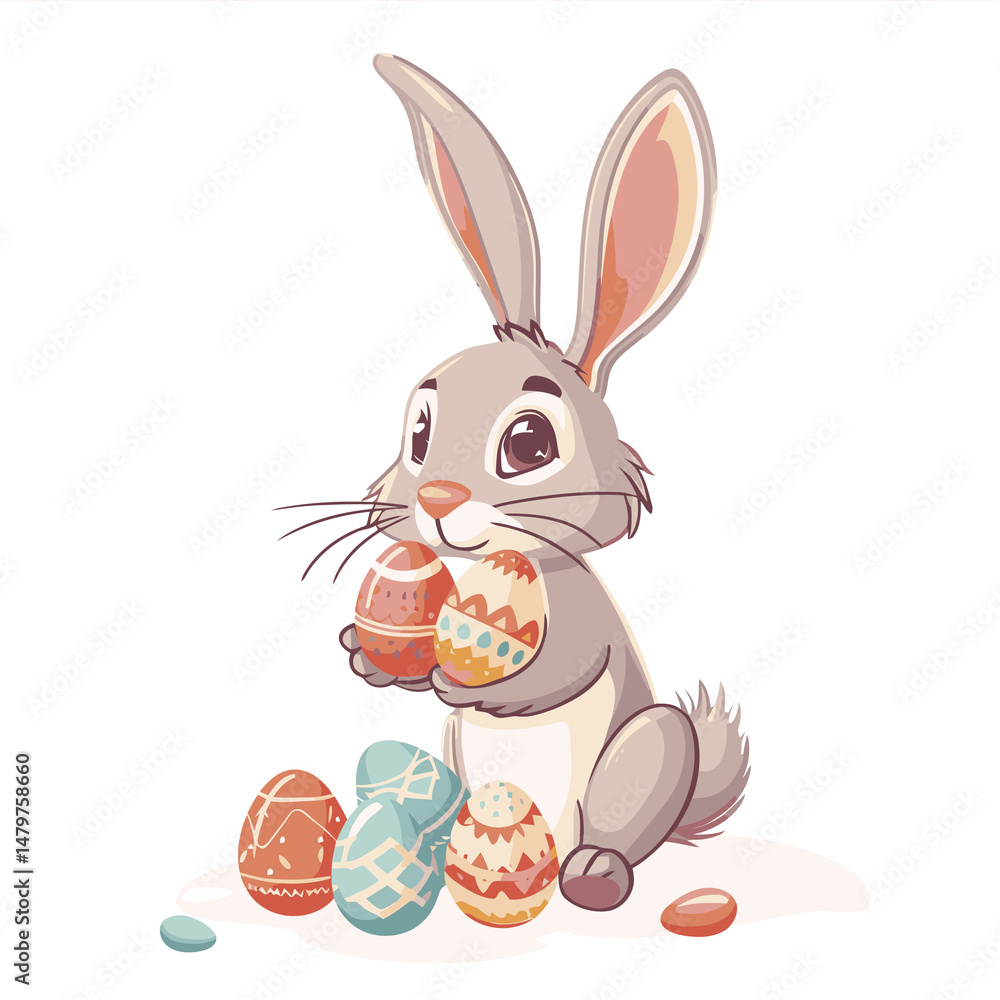 Obraz premium Vector cute rabbit holding easter eggs