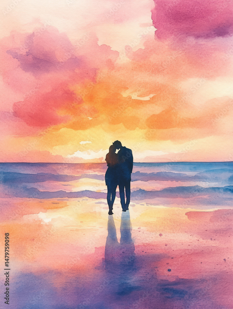 Fototapeta premium Romantic couple silhouette at sunset on a watercolor beach.