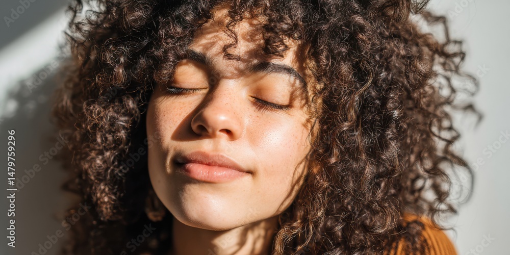 Fototapeta premium Young woman with curly hair enjoying sunlight in a cozy indoor setting during the afternoon