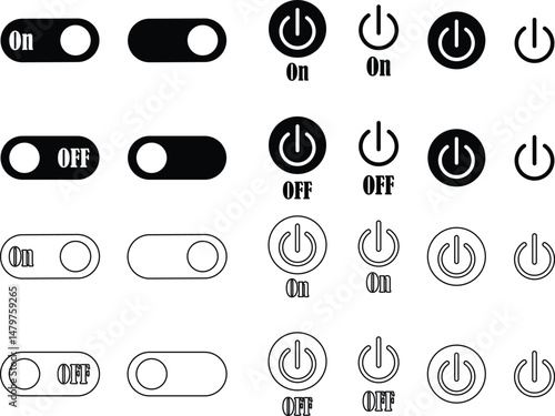 Power on or off button icon set. Turn on and turn off switch button. On and off toggle switch buttons. On and off vector with red and green color collection isolated on transparent background.