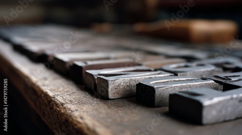 Close-up of metal letterpress type on a wooden table, revealing the beauty of traditional printing techniques.