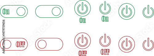 Power on or off button icon set. Turn on and turn off switch button. On and off toggle switch buttons. On and off vector with red and green color collection isolated on transparent background.