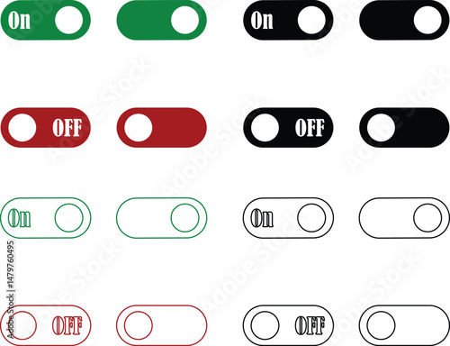 Power on or off button icon set. Turn on and turn off switch button. On and off toggle switch buttons. On and off vector with red and green color collection isolated on transparent background.