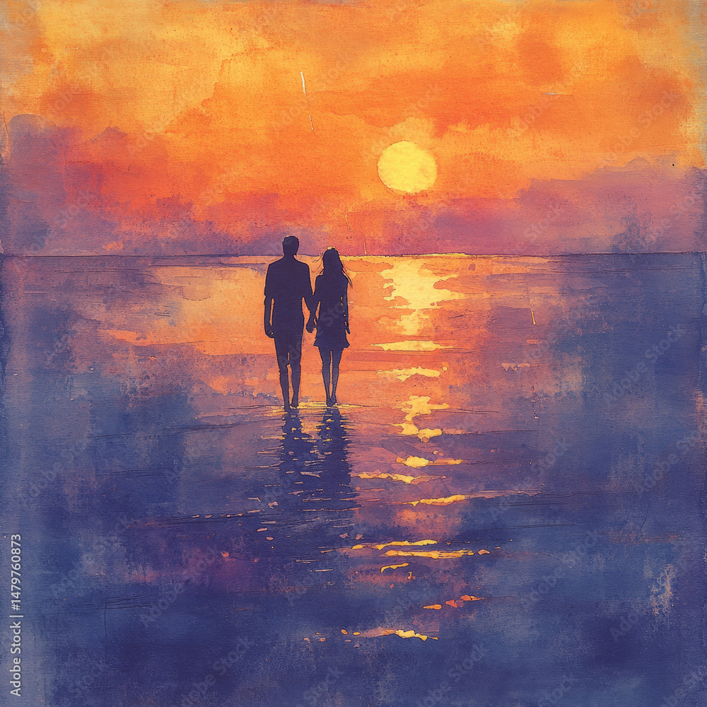Fototapeta premium Couple walking on beach at sunset, watercolor painting.