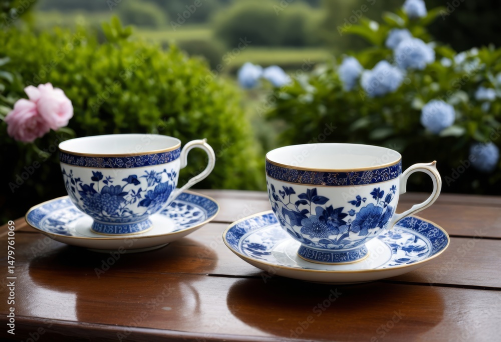 Fototapeta premium Two cups and saucers sat on the table