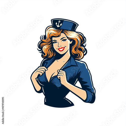 sexy  pinup girl soldier navy marine illustration vector	

