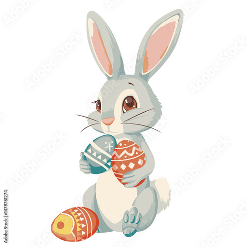 Vector cute rabbit holding easter eggs
