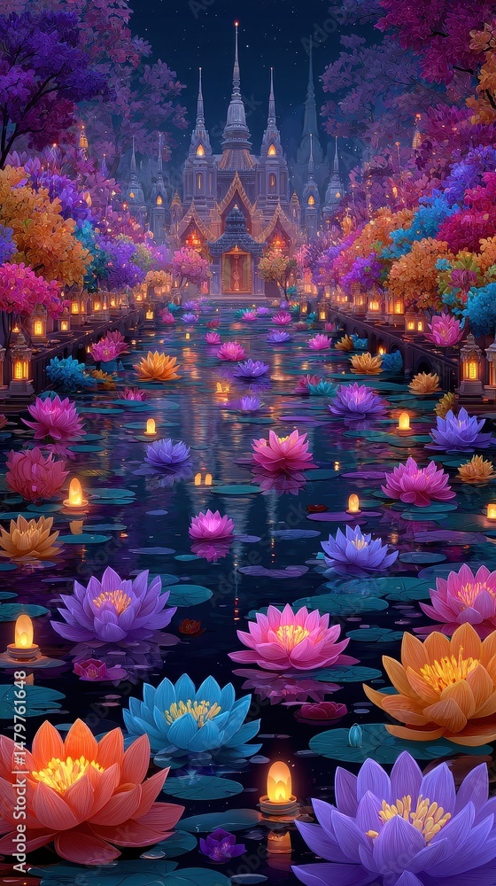 Obraz premium Enchanting Night Scene Colorful Lotus Flowers and Illuminated Temple