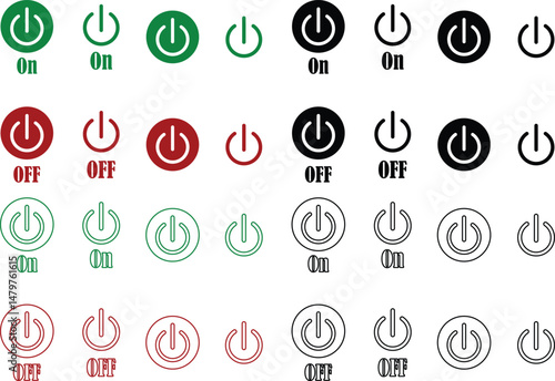Power on or off button icon set. Turn on and turn off switch button. On and off toggle switch buttons. On and off vector with red and green color collection isolated on transparent background.