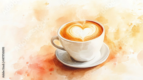 Cappuccino with heart latte art in watercolor style on saucer.
