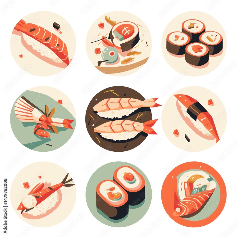 Naklejka premium Delicious Sushi and Sashimi Icons A Vibrant Collection of Japanese Cuisine Illustrations