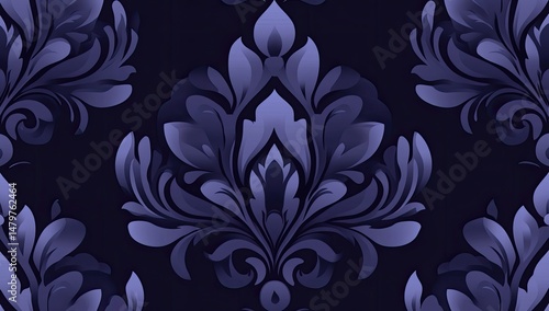 Dark navy blue damask wallpaper pattern with light purple floral motifs.  Intricate, symmetrical design repeats