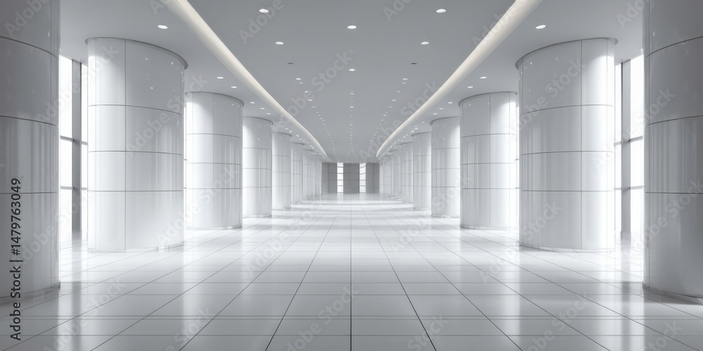 Obraz premium Modern corridor featuring white columns and polished floor in a spacious interior environment